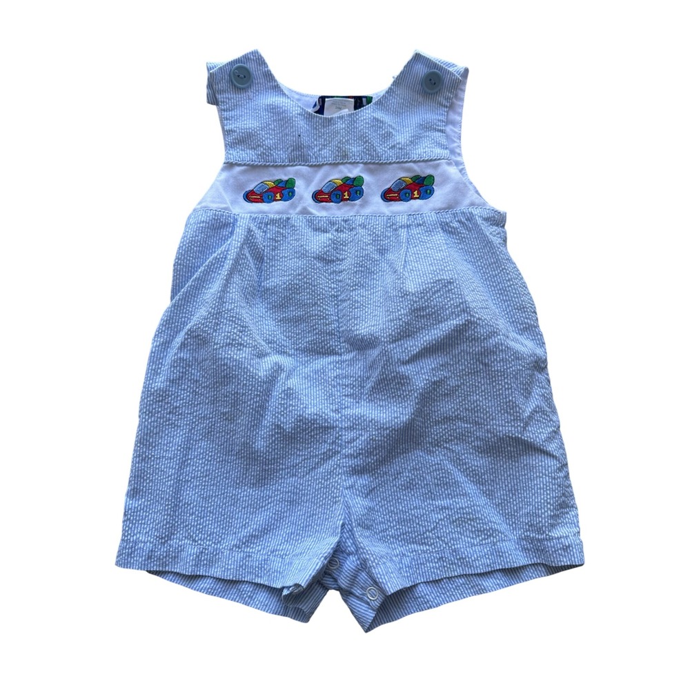 Samara Baby Boys 24M Blue Seersucker Smocked Race Car Shortall Romper